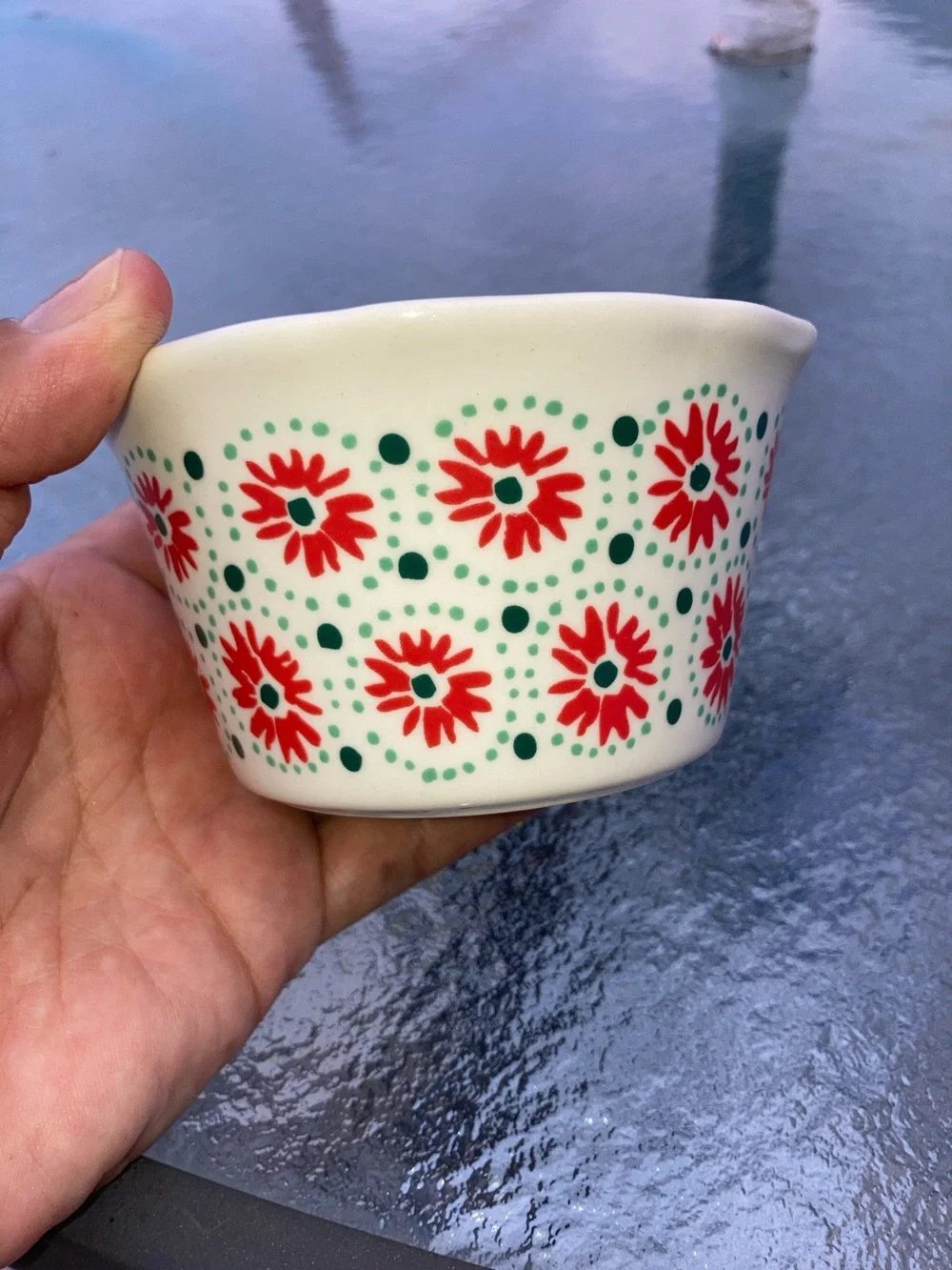 PIONEER WOMAN Ramekin Red Flowers Green Design 4 x 2 inches